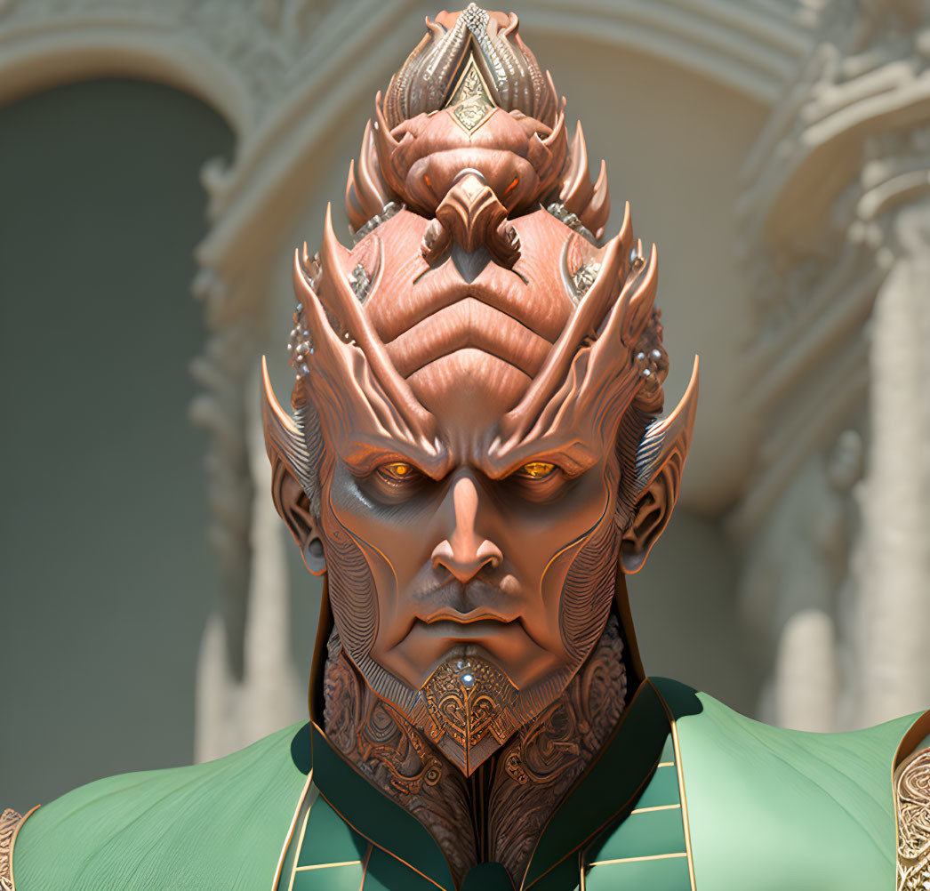 Fantastical character with ornate headgear and facial tattoos in 3D art