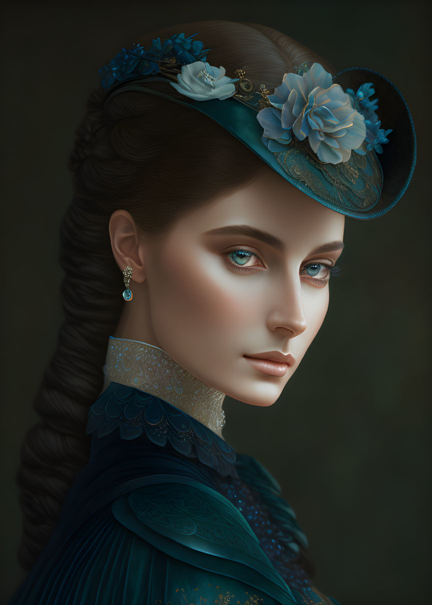 Vintage-inspired digital portrait of woman in turquoise attire and hat with braided hairstyle and floral details