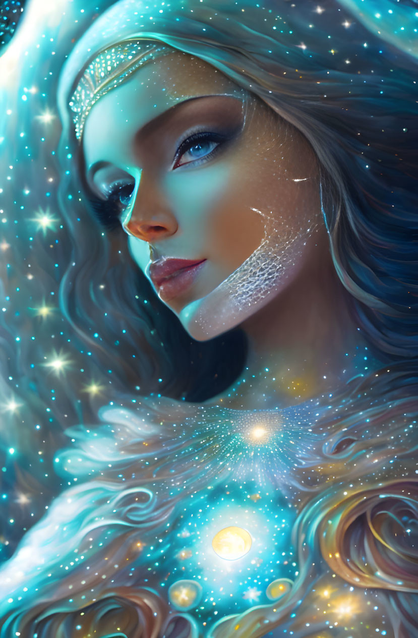 Illustration of ethereal woman with cosmic features and star-infused hair.