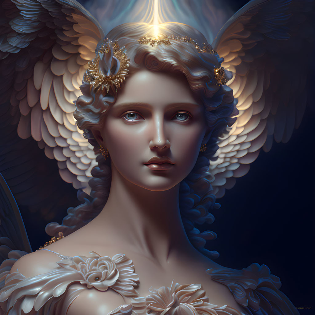 Ethereal angelic figure with golden adornments and wings