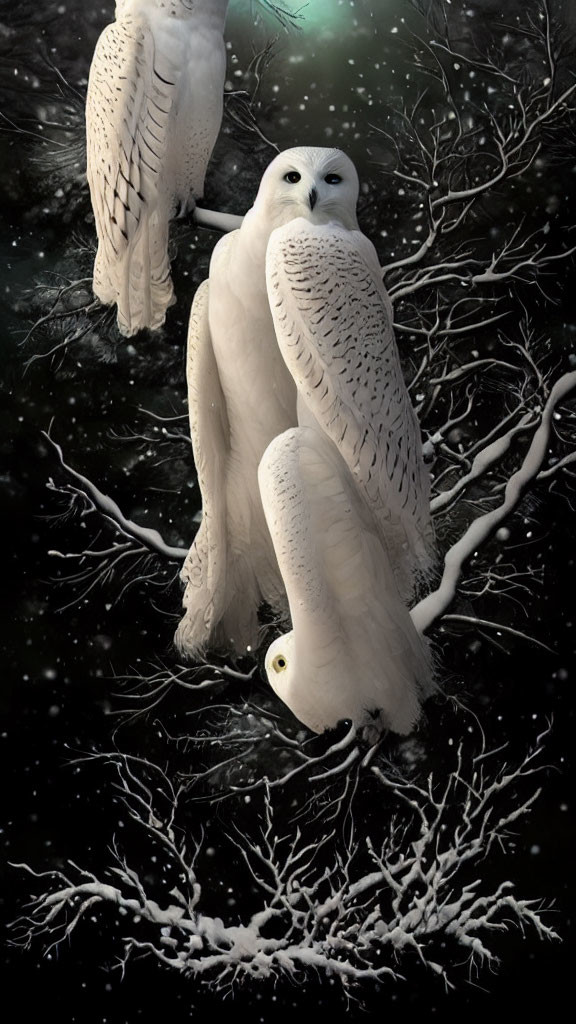 Snowy owls perched on frosted branches in dimly lit winter setting