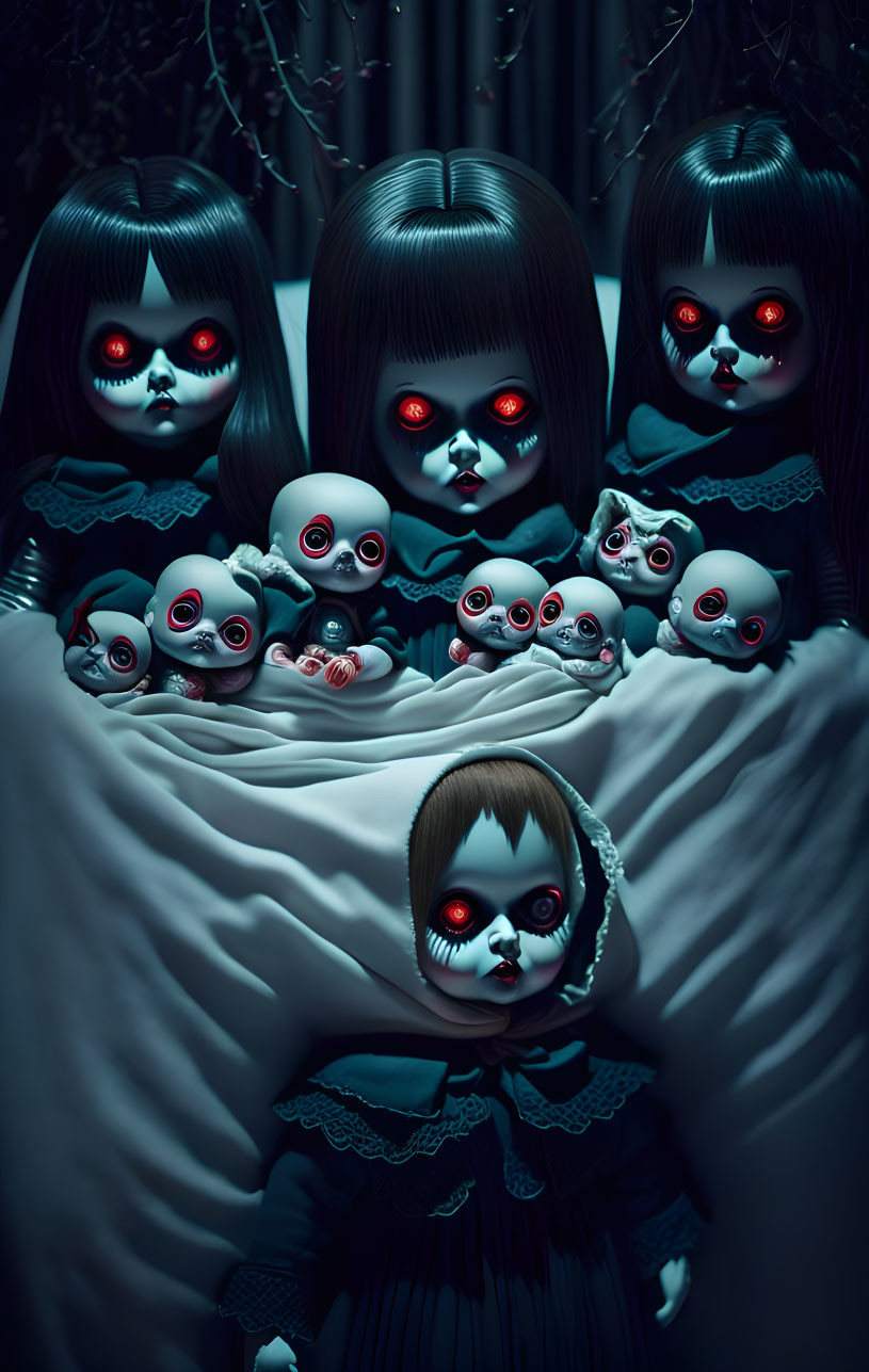 Dark-haired dolls with red glowing eyes in gloomy forest with skull-faced dolls.