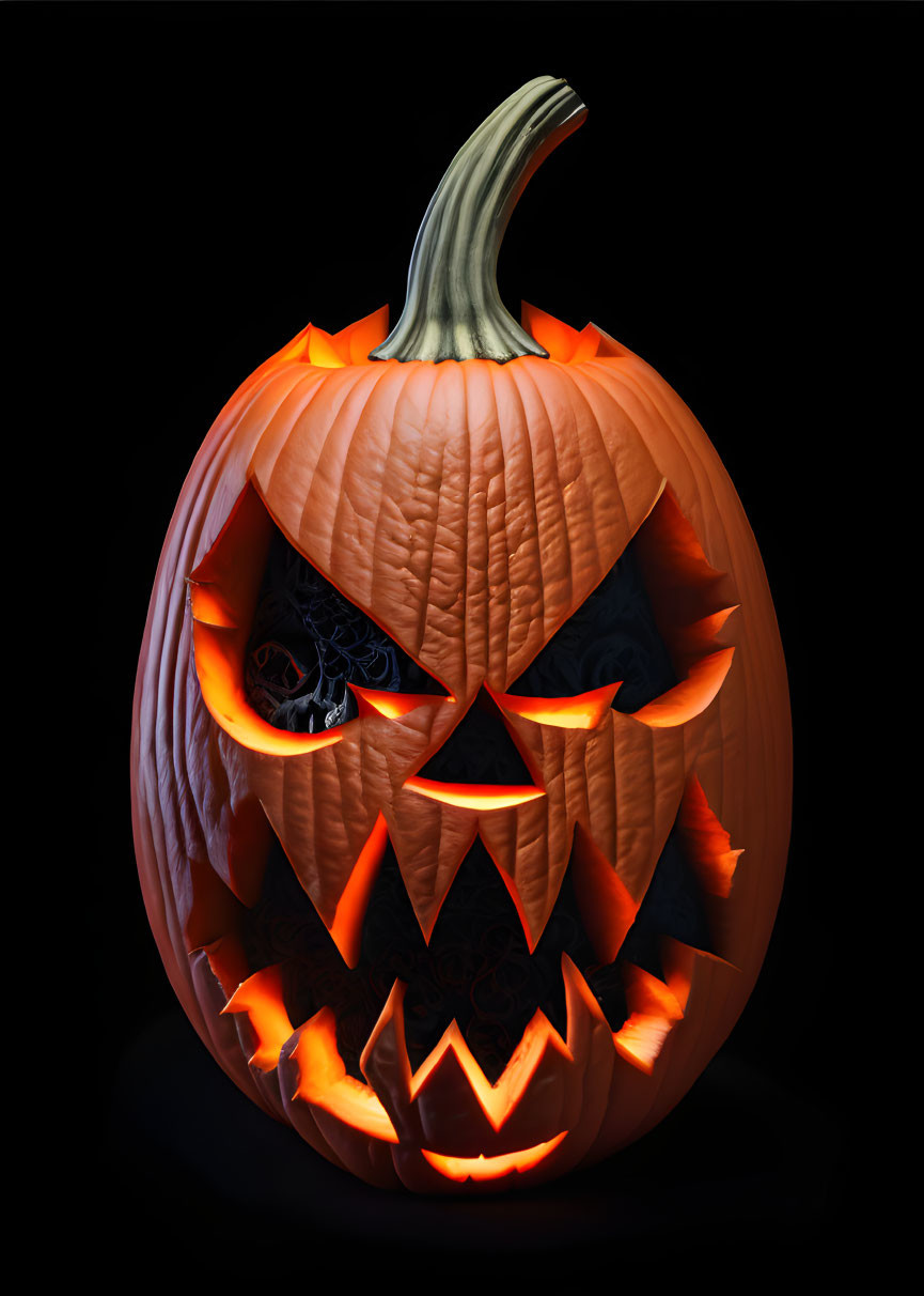 Menacing face carved pumpkin glowing in dark background