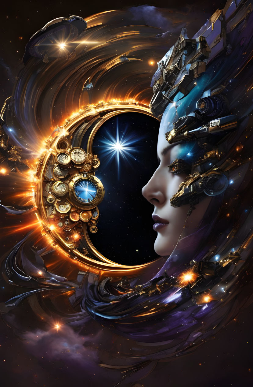 Digital Artwork: Female Figure with Cybernetic Enhancements and Celestial Halo