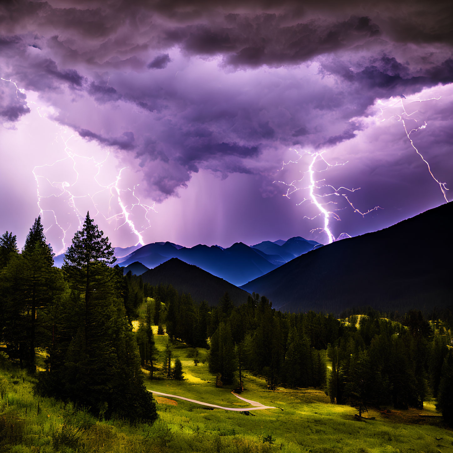 Thunderstorm over mountainous forest landscape with lightning strikes