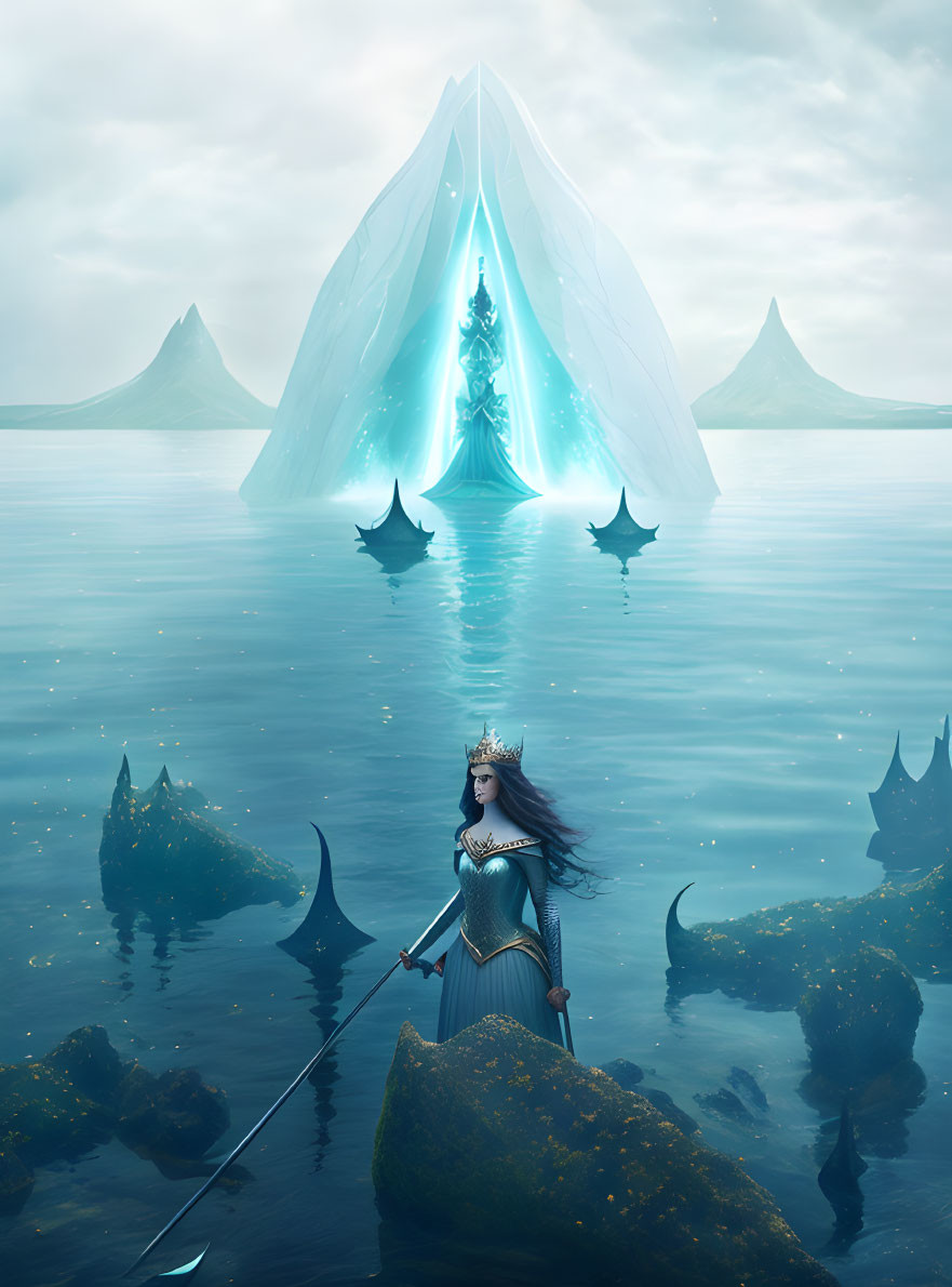 Regal woman in blue armor gazes at glowing ice formation