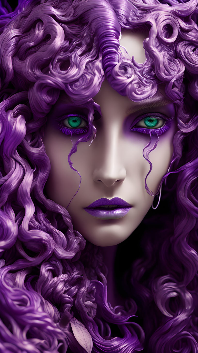 Digital artwork: Person with purple curls, green eyes, purple lipstick.