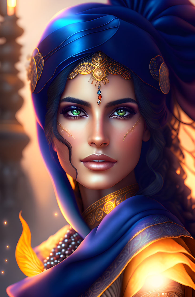 Digital artwork: Woman with green eyes, blue and gold headscarf, intricate jewelry, warm golden