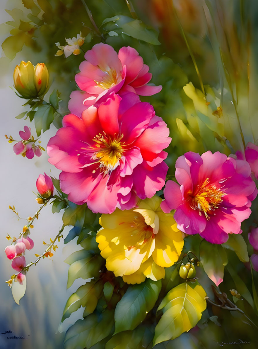 Colorful Pink and Yellow Flowers with Green Leaves on Soft-Focus Background