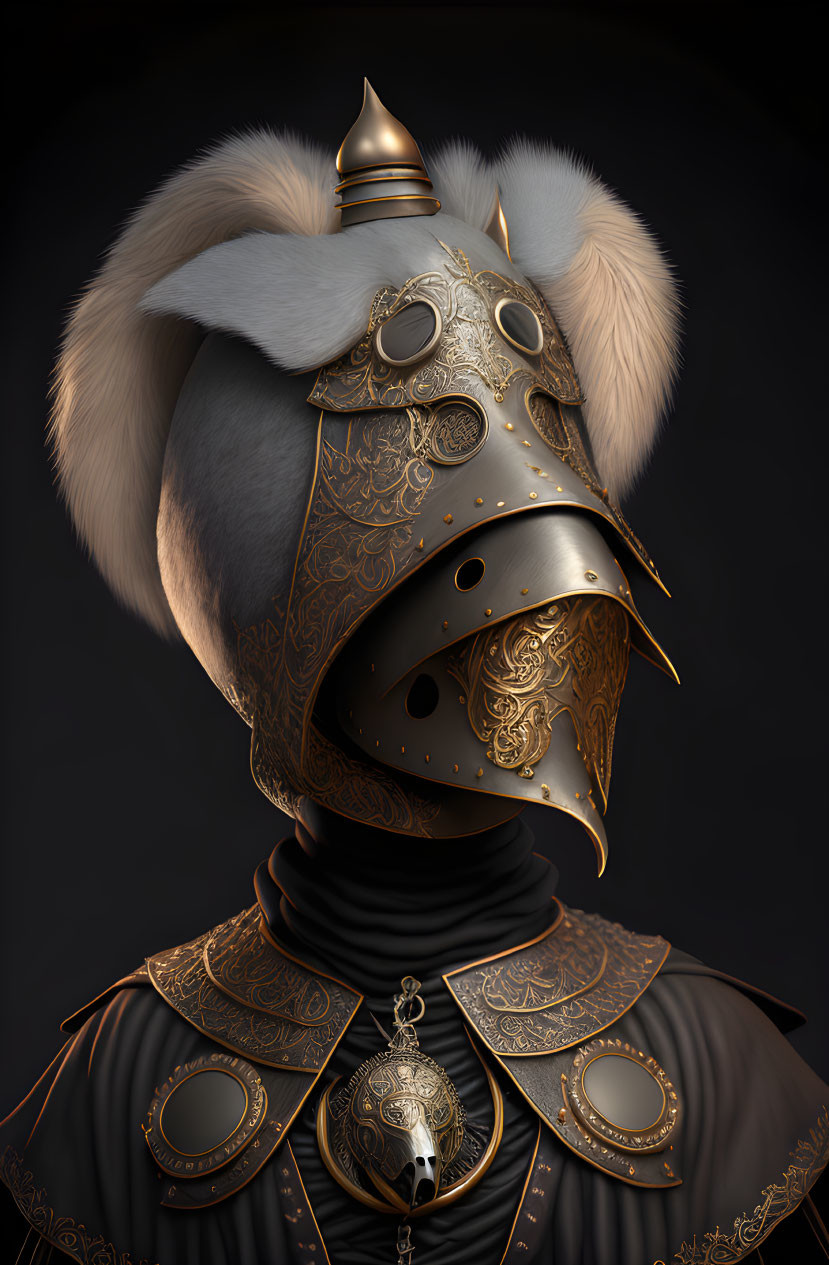 Character illustration: Ornate elephant-themed helmet with golden patterns and detailed trunk, paired with sophisticated dark outfit