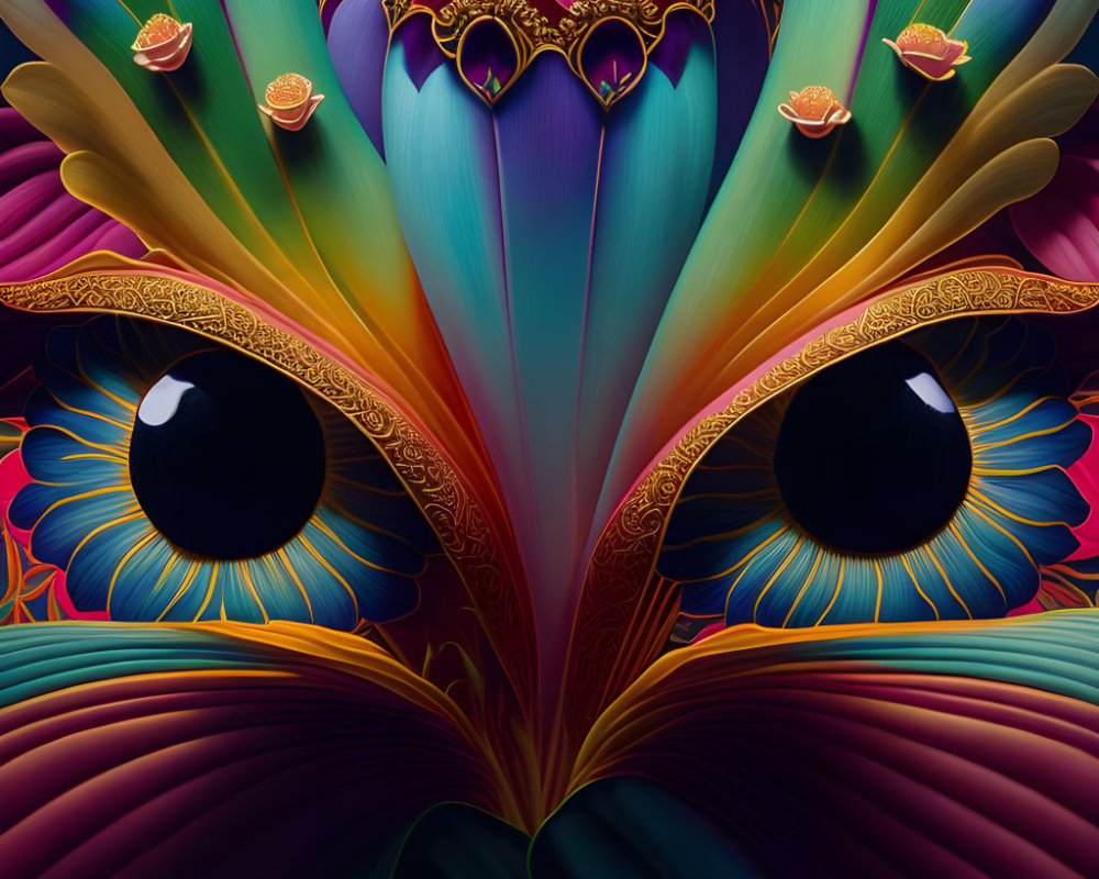 Colorful digital artwork: Stylized peacock feathers with intricate designs and captivating eyes.