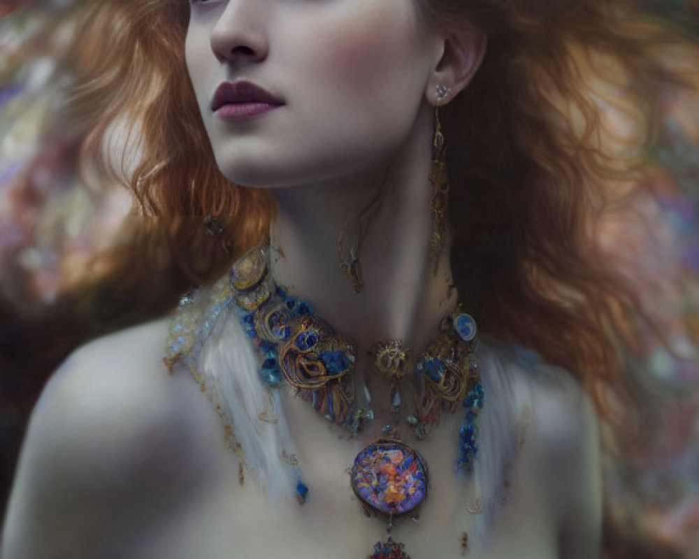 Woman with Striking Jewelry and Ornate Headdress Against Colorful Backdrop