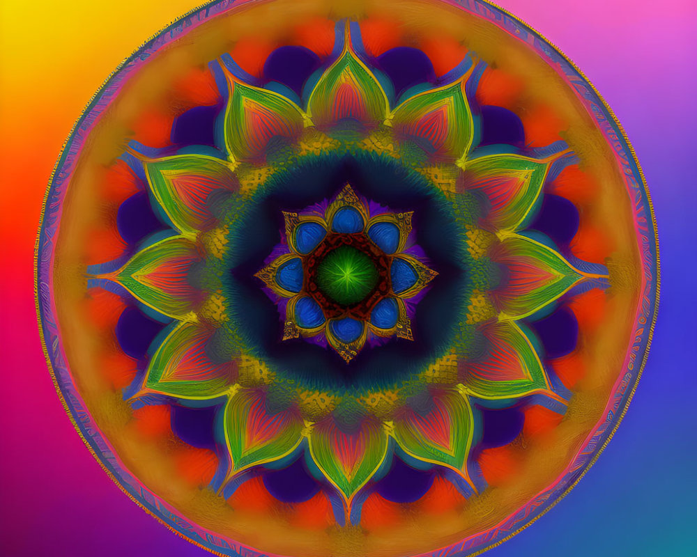 Colorful Symmetrical Mandala Design in Green, Blue, and Orange Hues