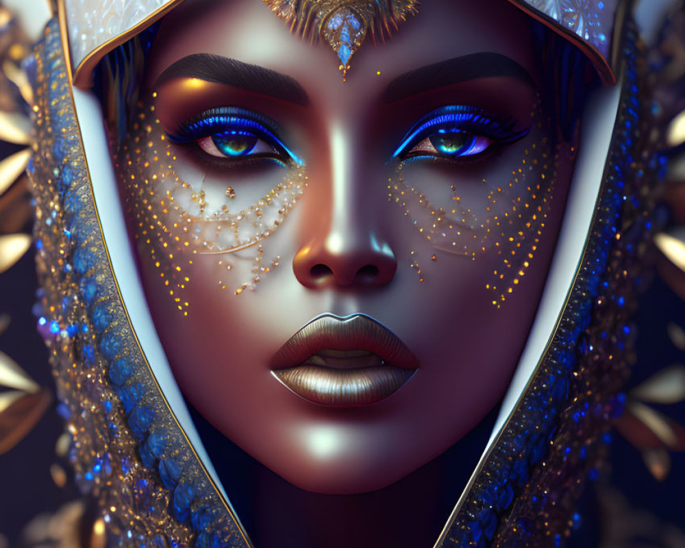 Detailed digital portrait of woman with blue eyes in ornate gold headdress