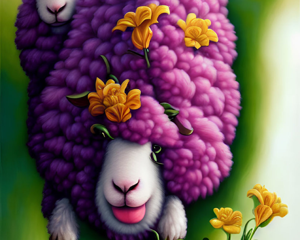 Colorful illustration of whimsical sheep with purple wool and orange flowers on bright green and yellow backdrop