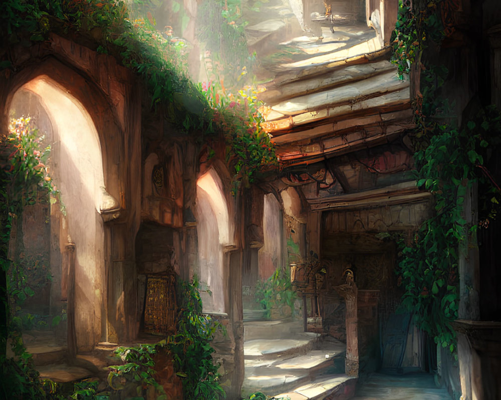 Sunlit courtyard with lush greenery, arches, balconies, and reclaimed ruins.