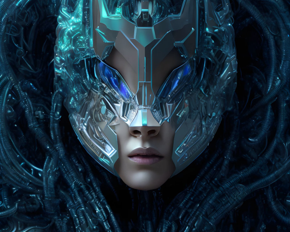 Detailed Close-Up of Futuristic Female Android with Blue Headgear and Glowing Eyes