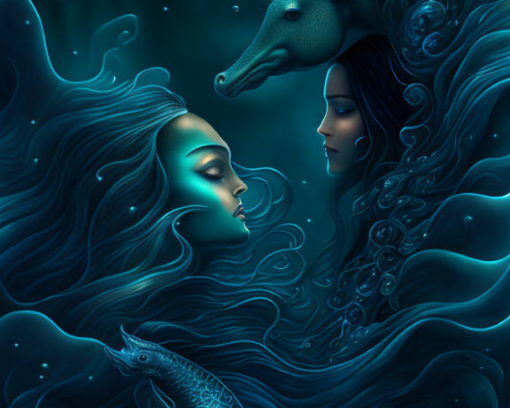 Ethereal women with flowing hair and seahorses in dark blue water