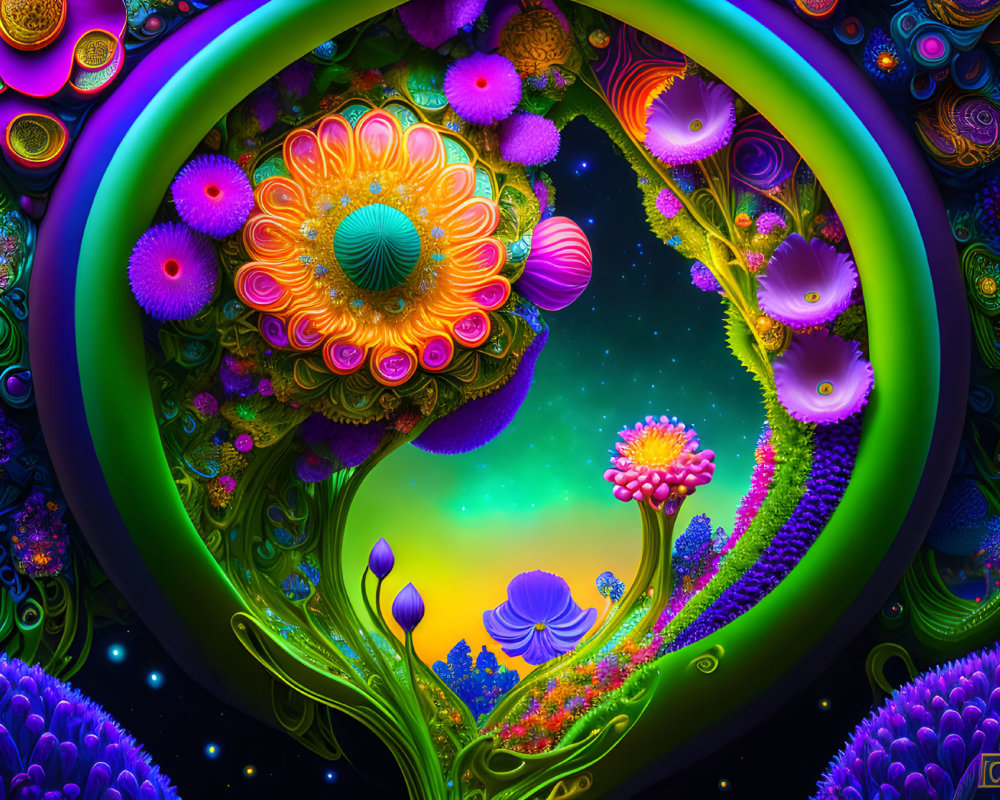 Whimsical neon floral scene with heart-shaped frame and cosmic elements