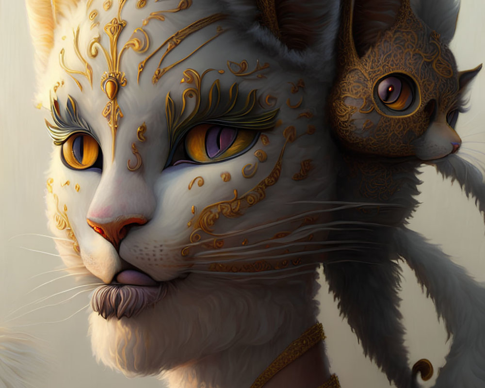 Detailed artwork of two cats with ornate golden patterns and jewelry on white fur