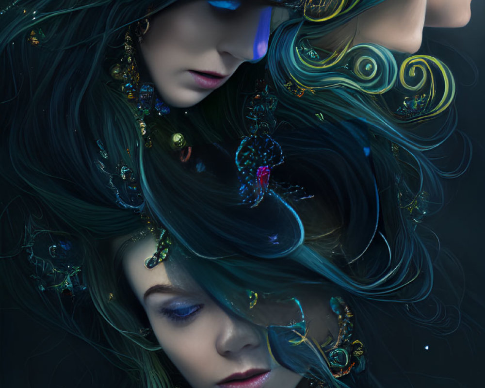 Ethereal Women with Dark Hair and Celestial Ornaments on Starry Background