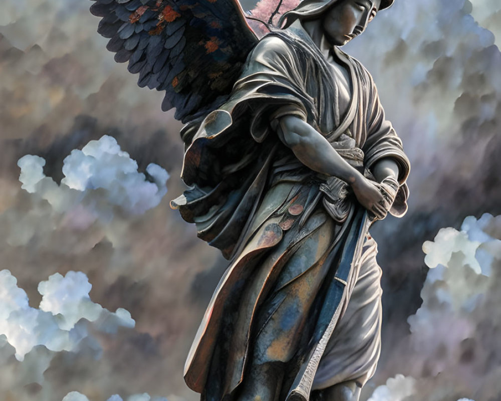 Angel statue with expansive wings and blooming branch in cloudy sky.