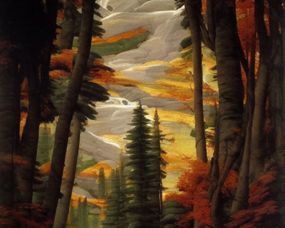 Tranquil forest painting with river, rocks, and autumn foliage