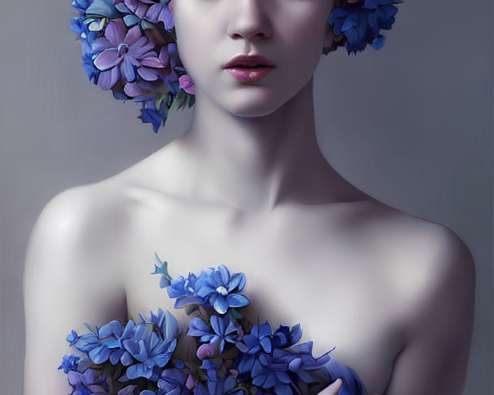 Woman adorned with blue and purple hydrangea wreath, eyes closed in serene pose