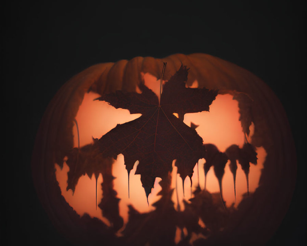 Carved pumpkin with spider silhouette on leaf for Halloween.