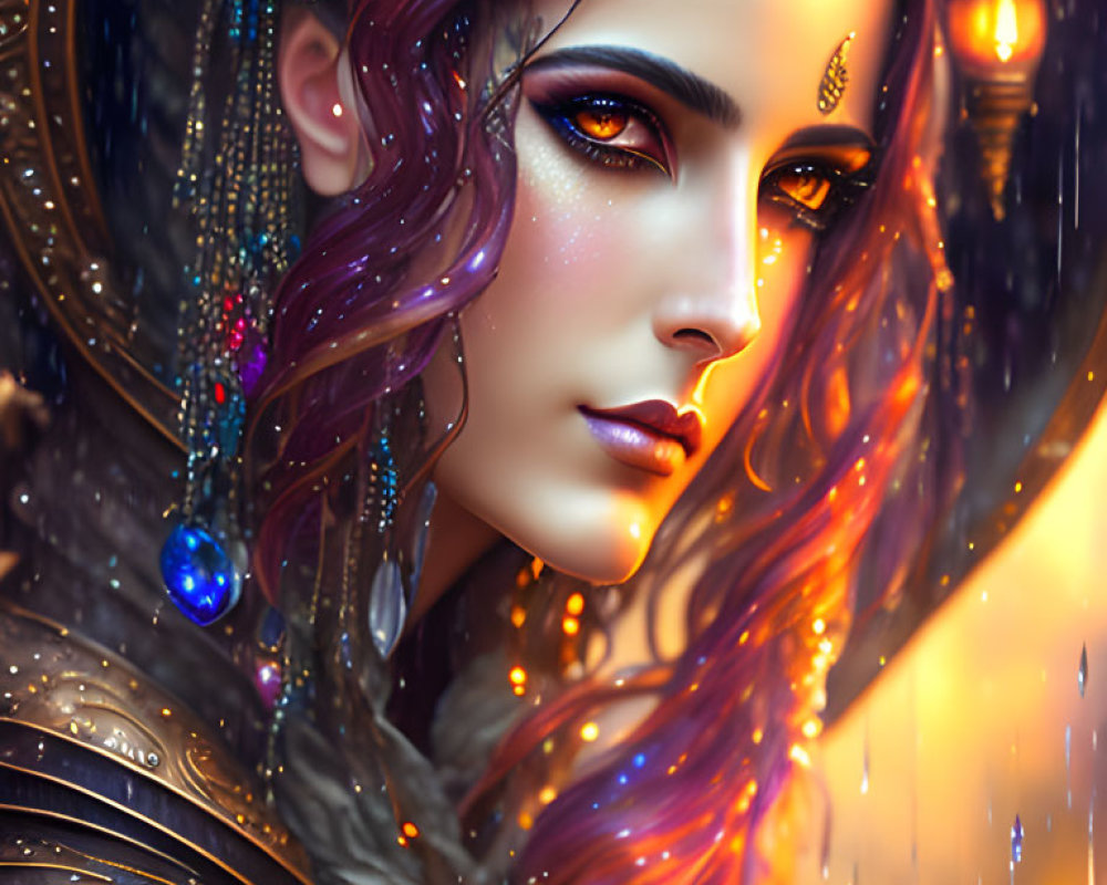 Vibrant female figure with colorful hair and golden headgear in lantern-lit rain