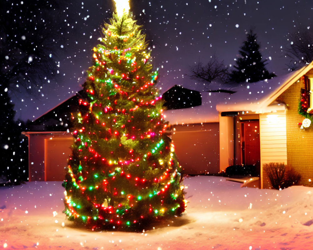 Colorful lights adorn Christmas tree with falling snow at night.