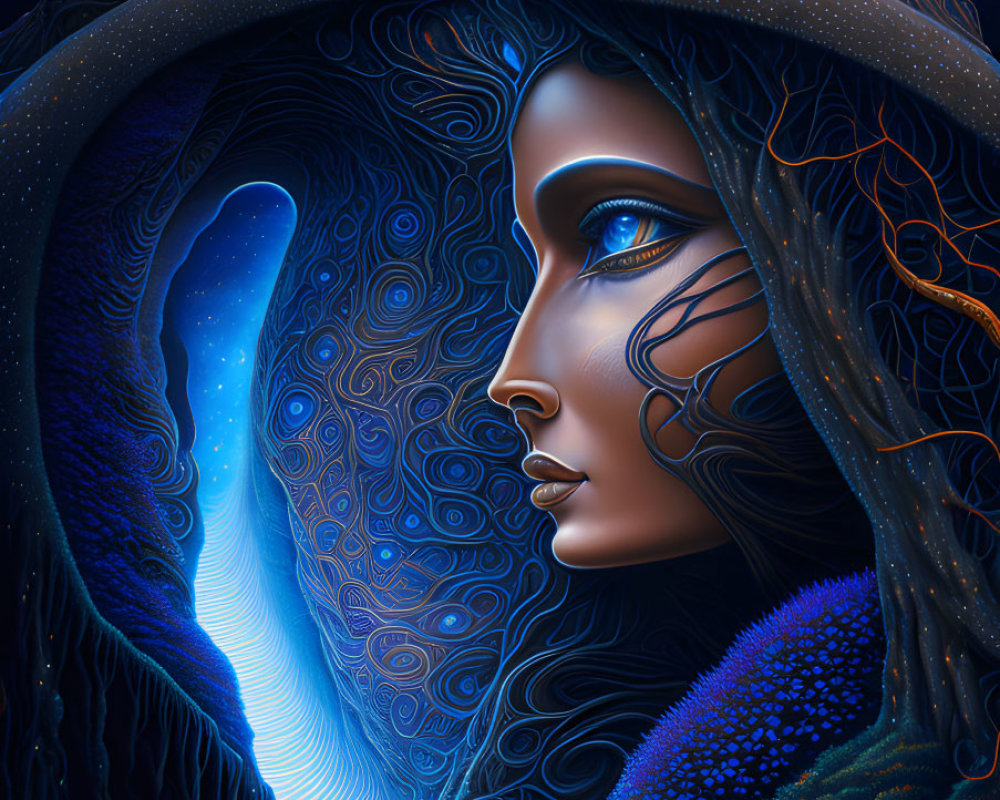 Surrealist illustration of woman's profile with cosmic and nature motifs