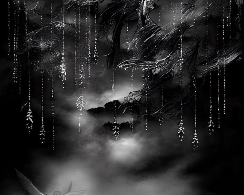 Monochrome fantasy landscape with twisted trees, luminescent crystals, fog, and bird