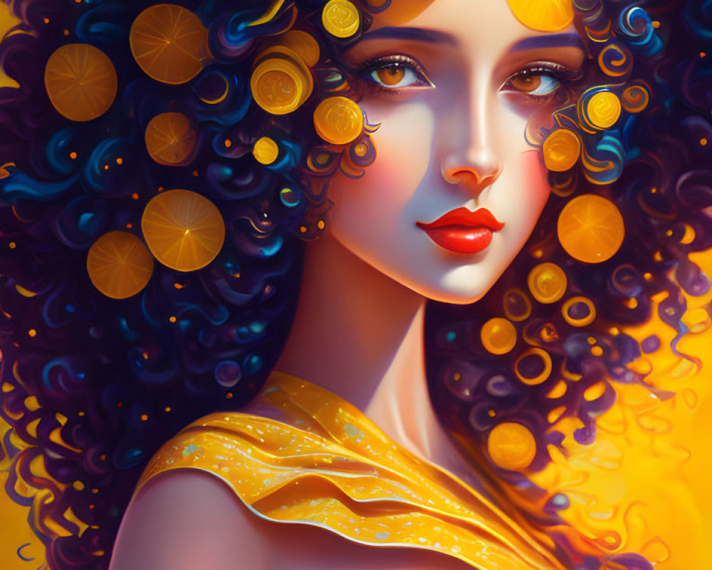 Colorful digital portrait of a woman with curly hair surrounded by golden coins and circles on warm background