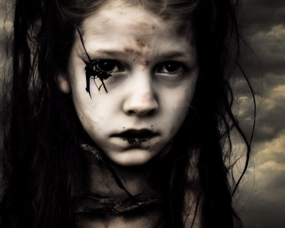 Somber young girl with smudged makeup stands under stormy sky