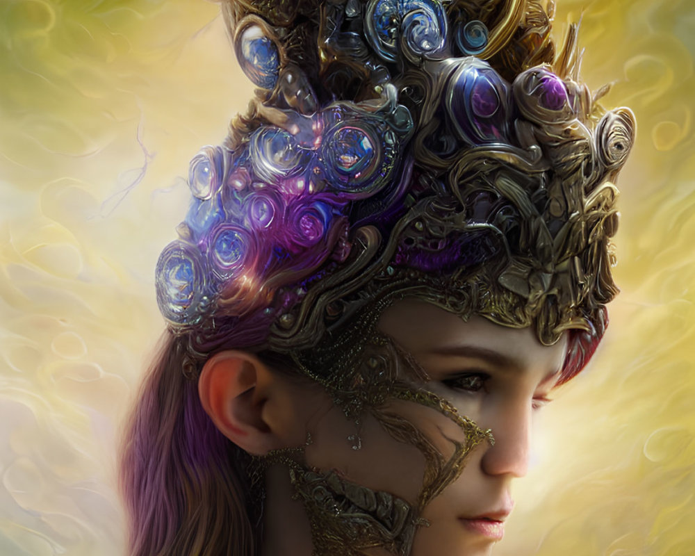 Intricate fantasy portrait of woman with ornate headdress and luminous orbs