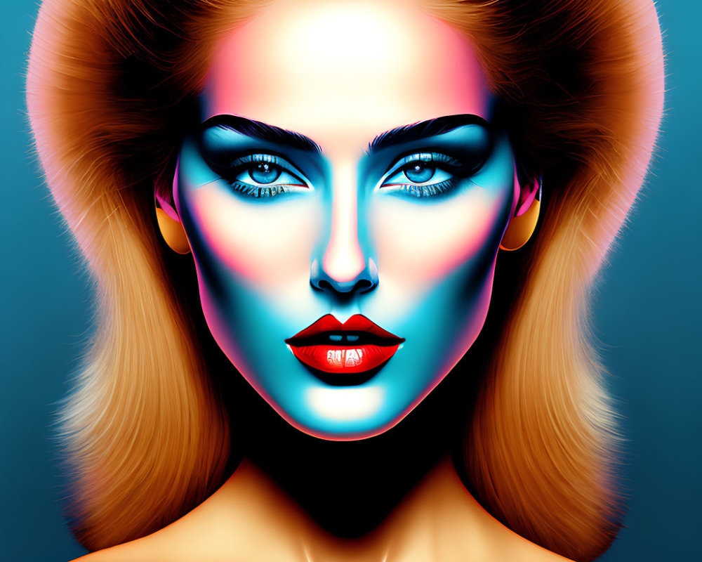 Vibrant digital artwork of woman with blue eyes and colorful makeup