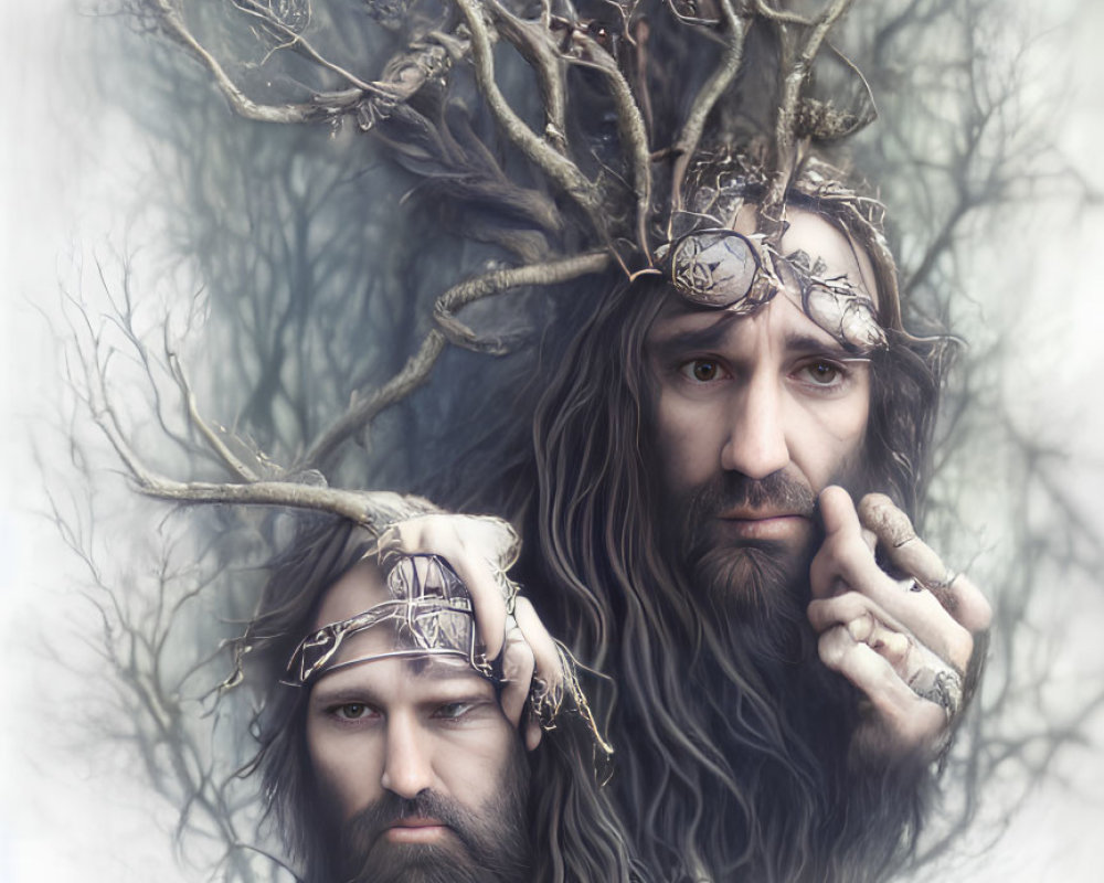 Mystical figures with tree branch crowns in misty monochromatic setting