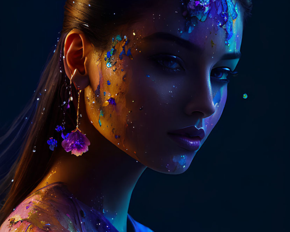 Colorful Paint Splashes Adorn Woman in Dramatic Lighting