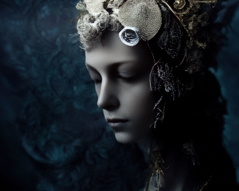 Elaborate headpiece and gold jewelry on profile portrait against dark blue background