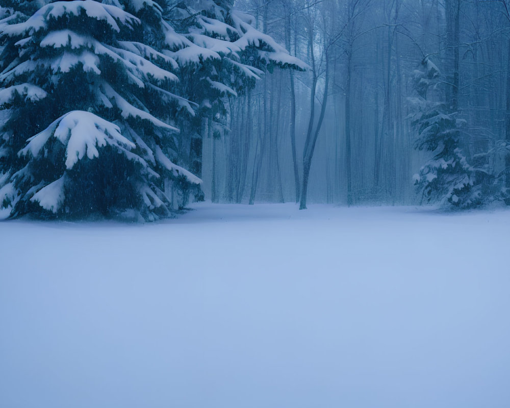 Serene winter forest with snow-covered trees and misty blue atmosphere