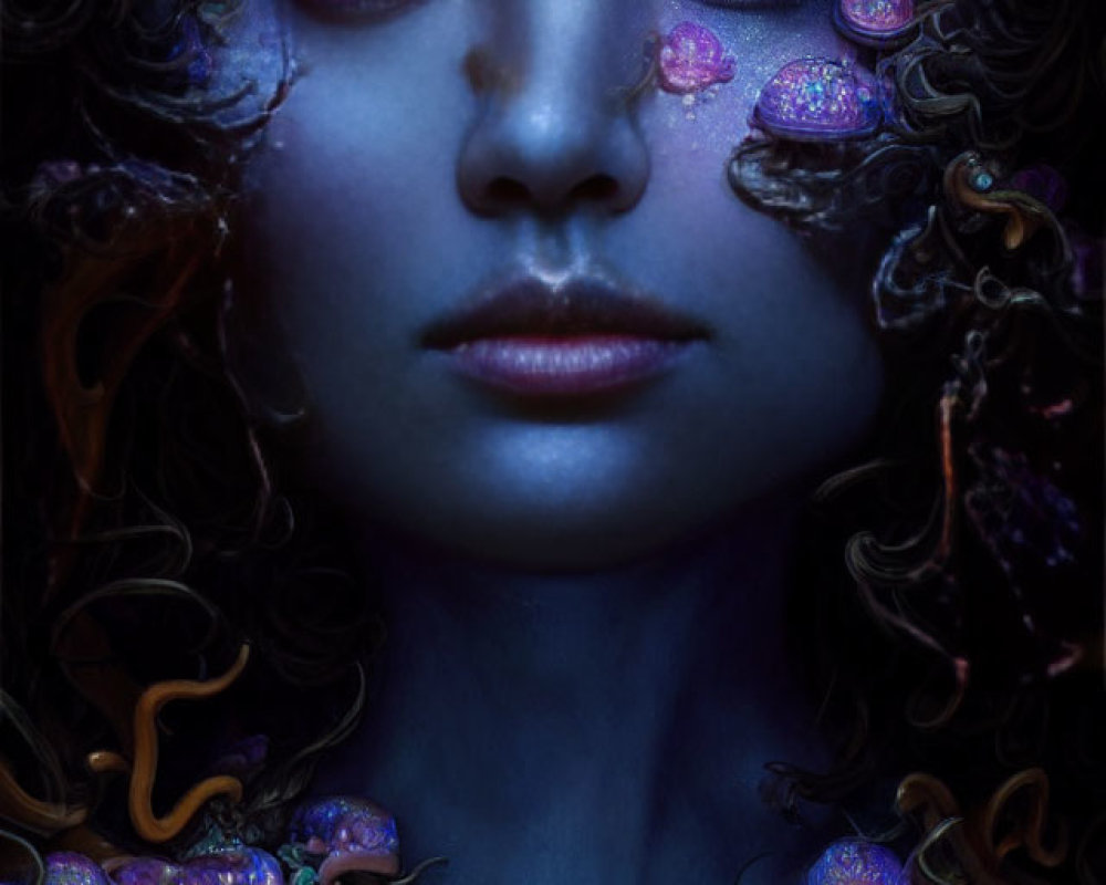 Fantasy woman portrait with blue skin, yellow eyes, dark hair, purple and blue flowers.