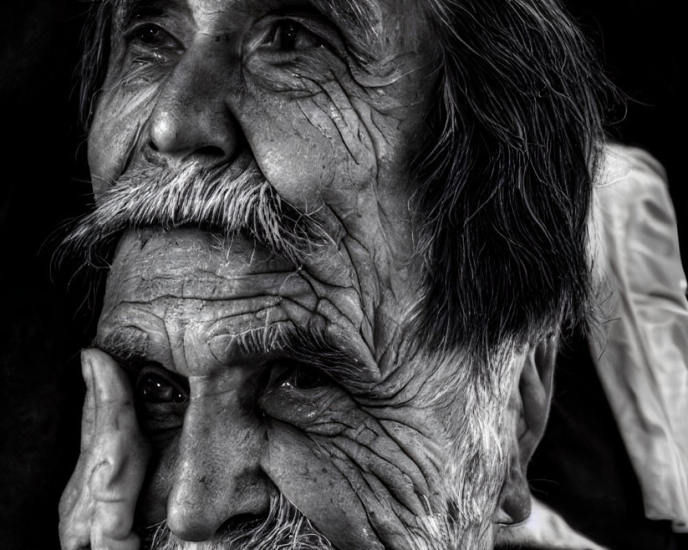 Elderly man portrait in black and white, deep wrinkles, looking pensive