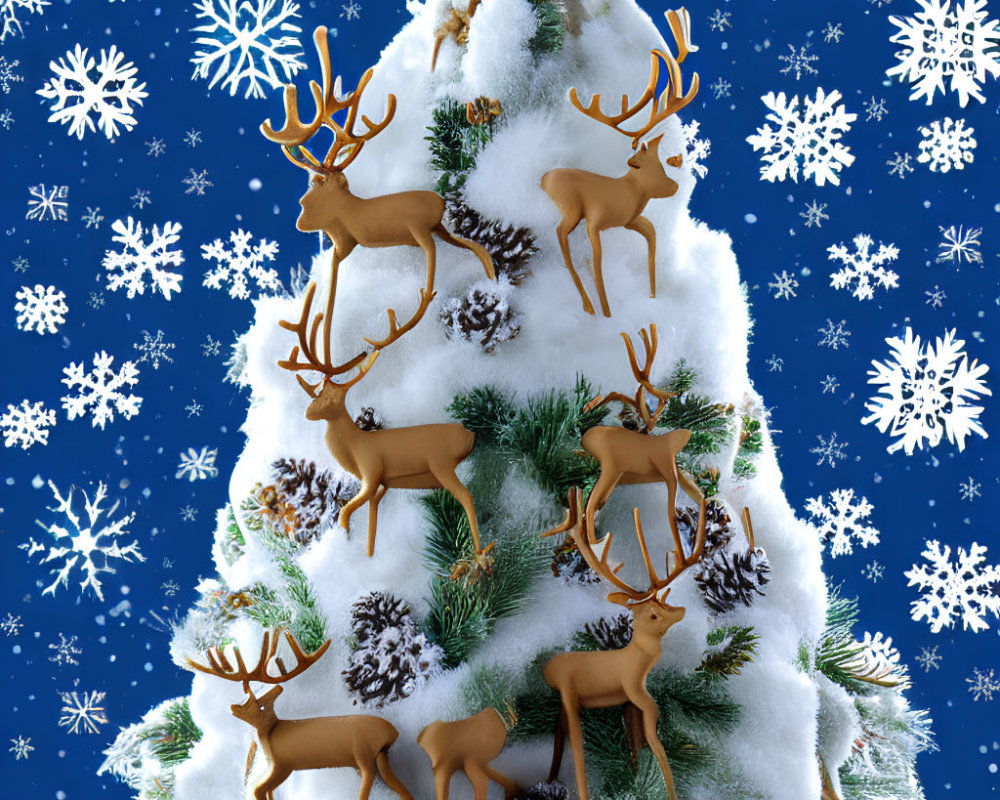 Snowy Christmas tree with snowflakes, pine cones, and golden reindeer on blue backdrop