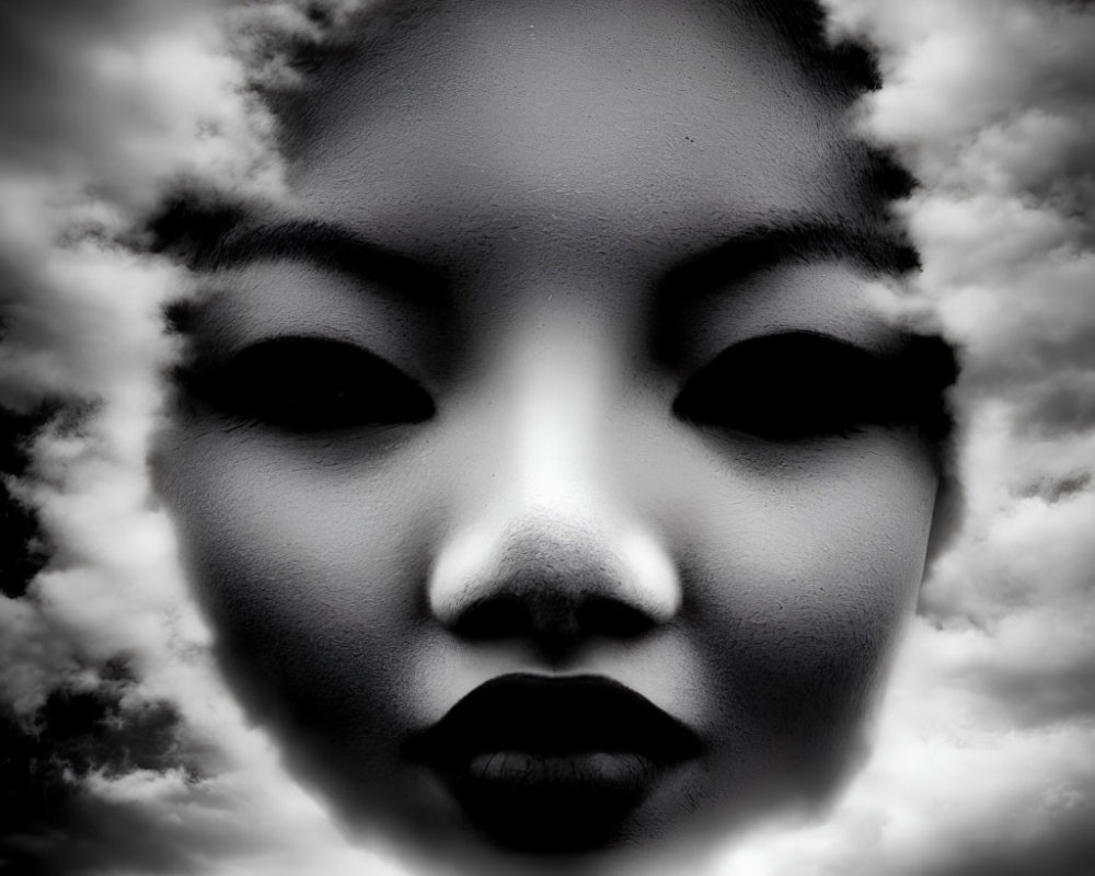 Monochromatic artwork blending woman's face with cloudy sky