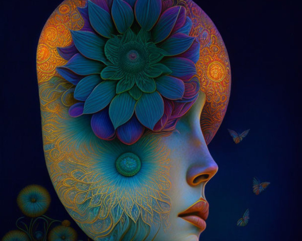 Surreal artwork: woman's profile blooming into flower with butterflies on dark backdrop