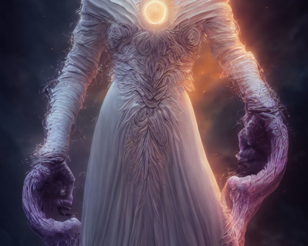 Mystical figure with glowing chest orb and elongated arms in ornate white gown