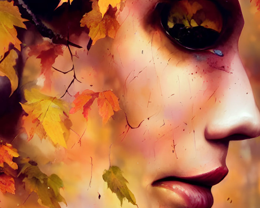 Fantasy portrait featuring person with antlers and green eye in autumn setting