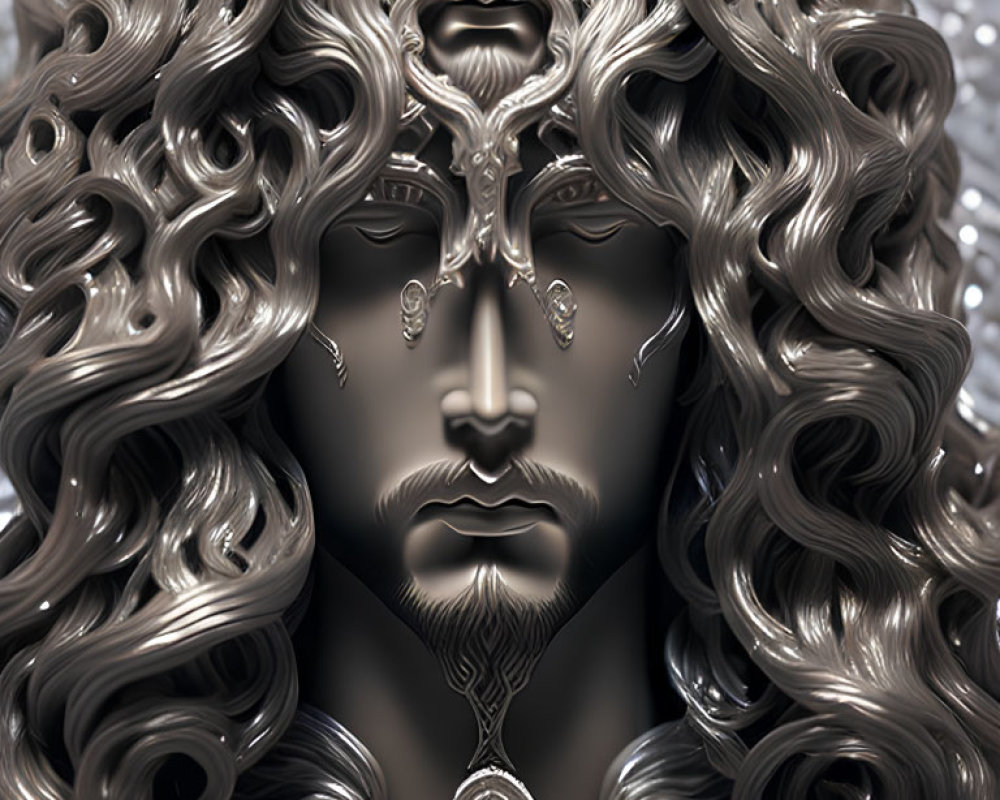 Detailed digital art: Face with silver hair, merging features, intricate patterns, textures, central emblem.