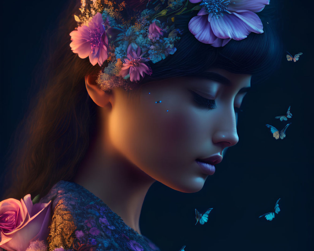 Floral Headpiece Woman with Butterflies on Dark Background